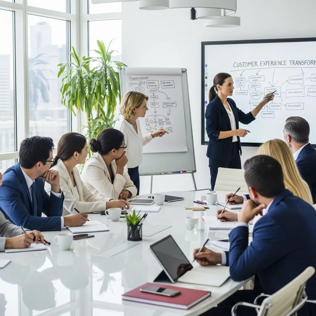 Business coach leading a workshop on customer experience transformation with engaged participants