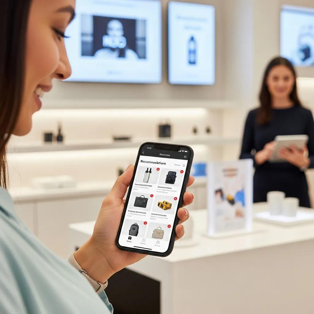 Customer receiving personalized product recommendations on a mobile device