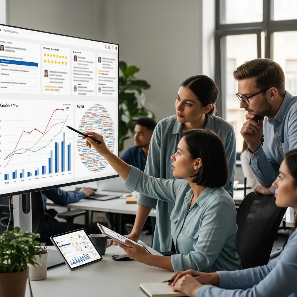 Customer service team analyzing qualitative feedback to improve AI strategies