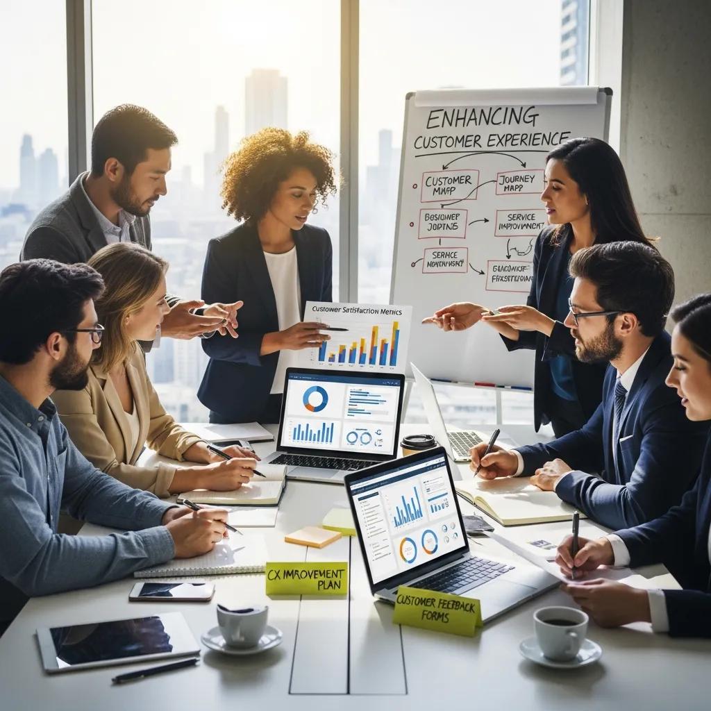 Diverse professionals collaborating on customer experience strategies in a modern office