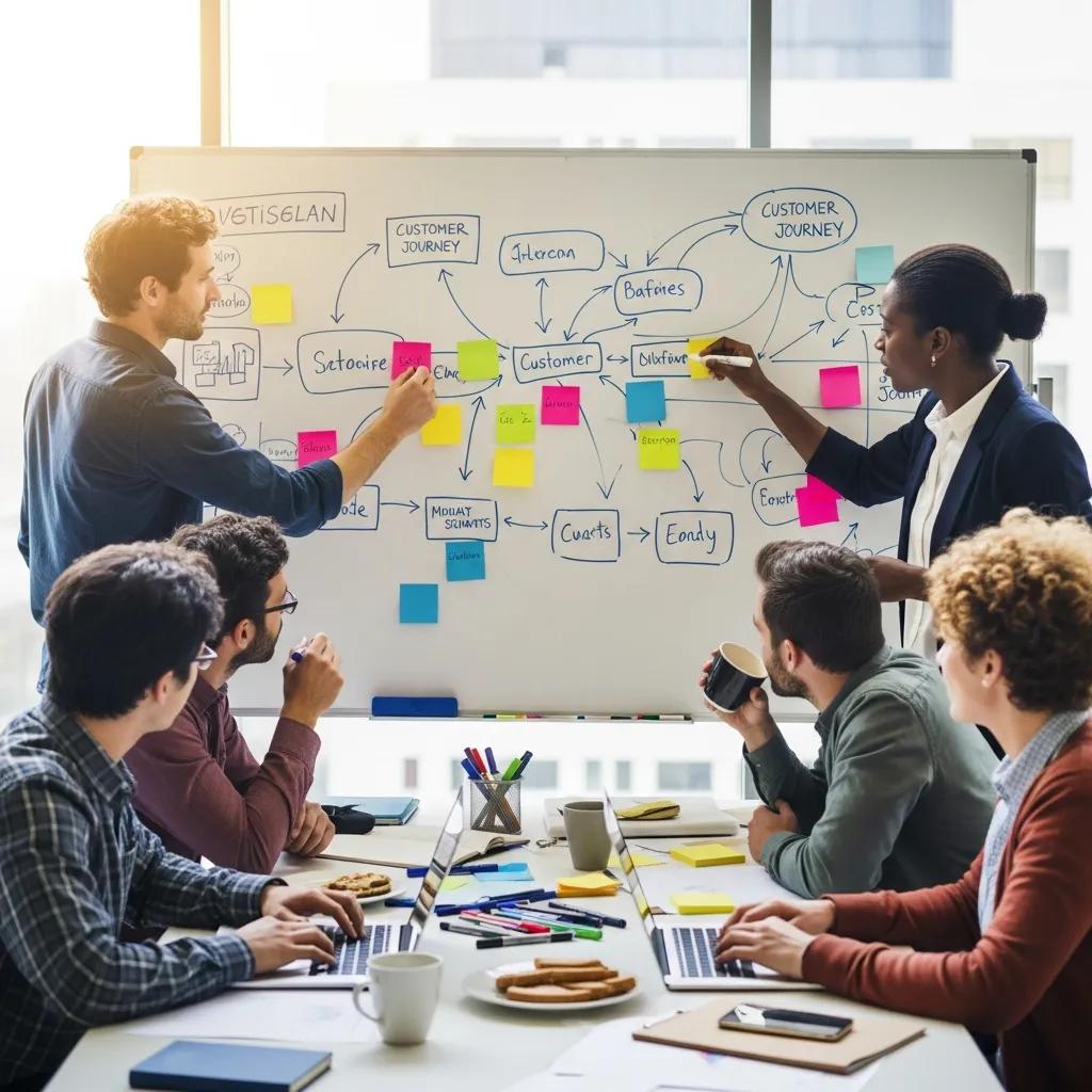 Diverse team collaborating on customer journey mapping with colorful sticky notes