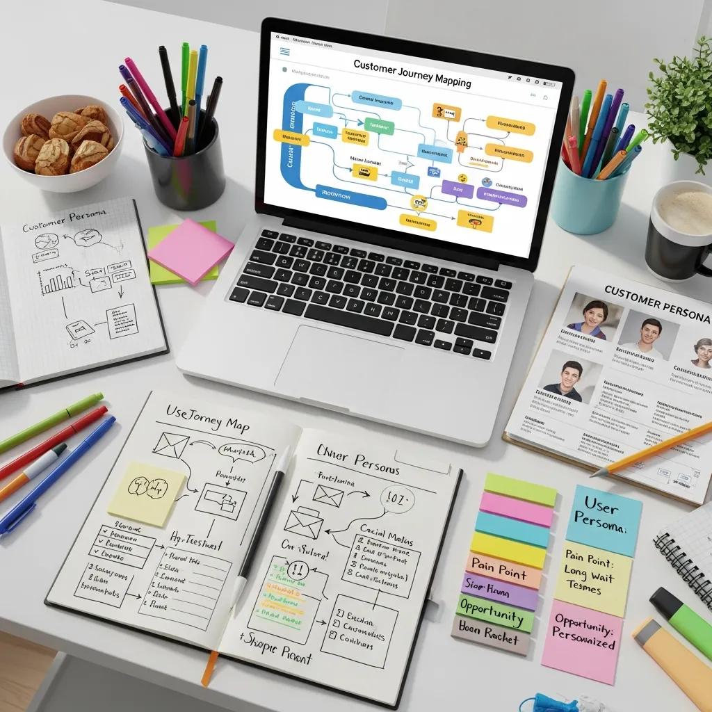 Various customer journey mapping tools displayed on a desk with a laptop and notebooks
