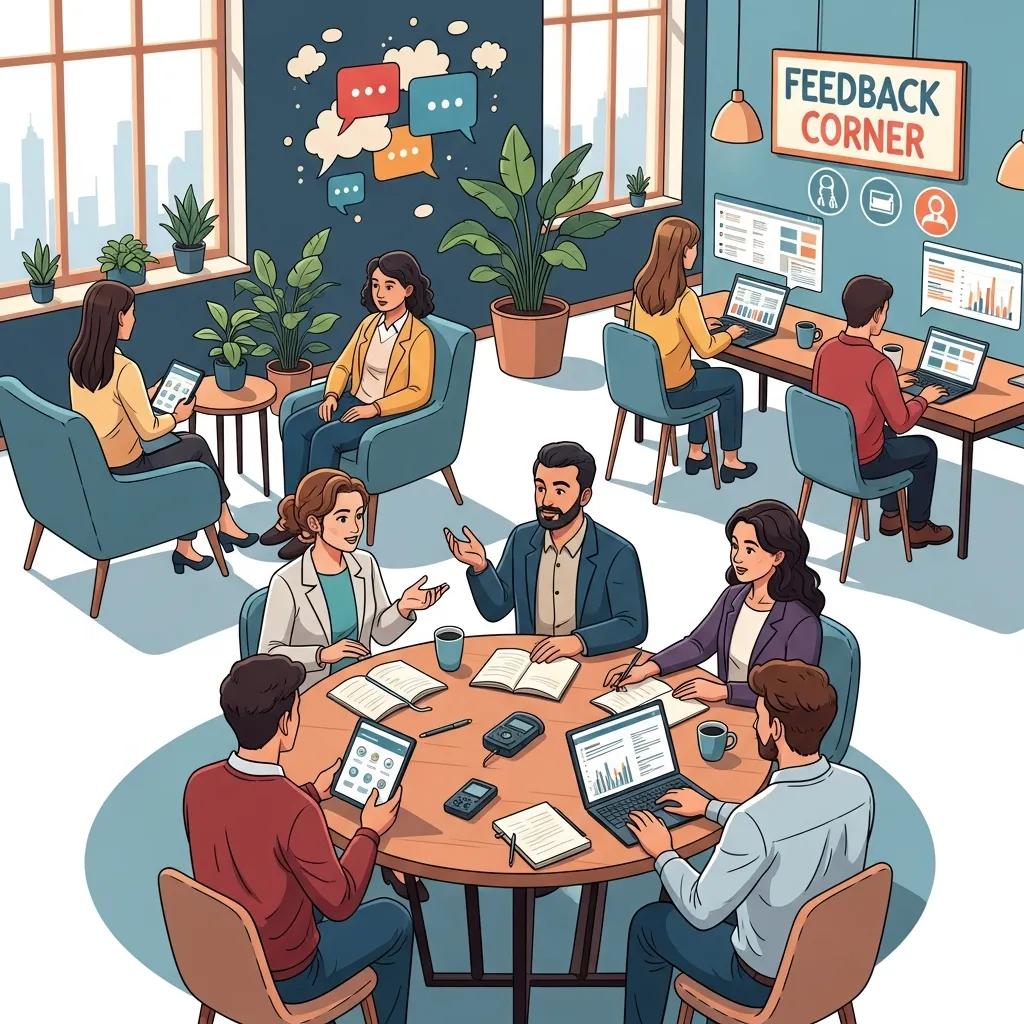 Group of customers sharing feedback through surveys and conversation