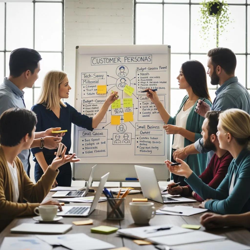 Diverse team brainstorming customer personas in a modern office setting