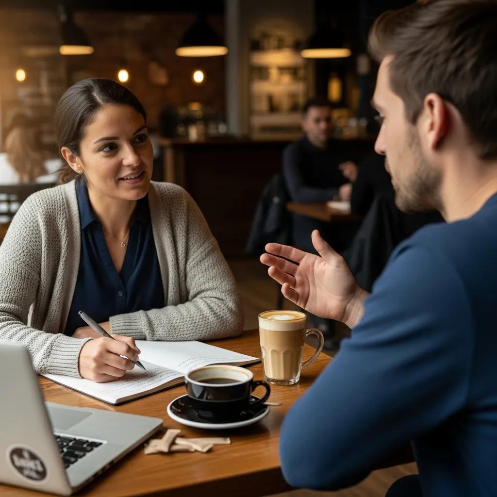 Researcher interviewing a customer in a café to gather insights