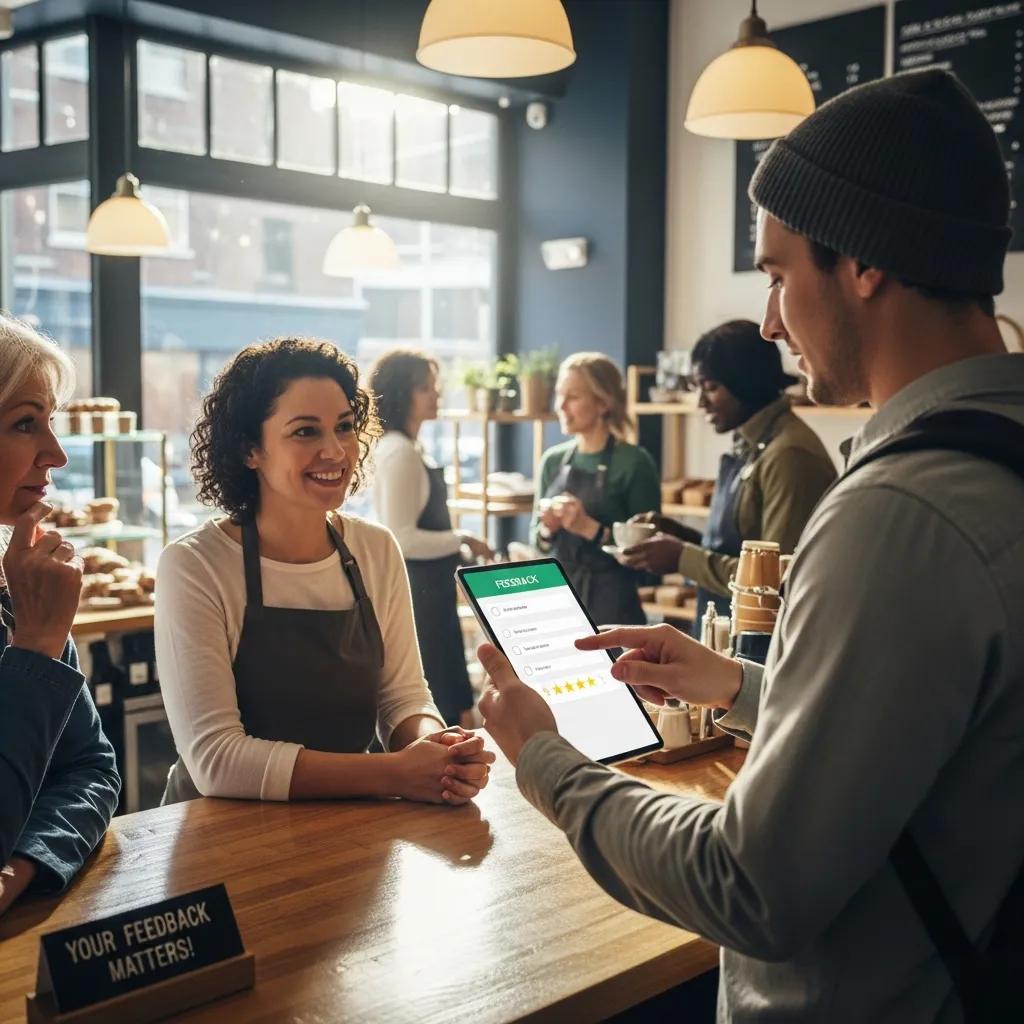 Small business owner collecting customer feedback in a welcoming shop environment