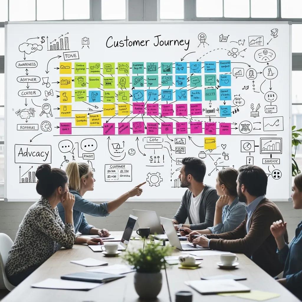 Team mapping a customer journey on a whiteboard in a creative workspace